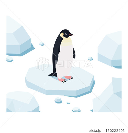 Emperor penguin standing on ice floe with surrounding icebergs vector illustration 130222493
