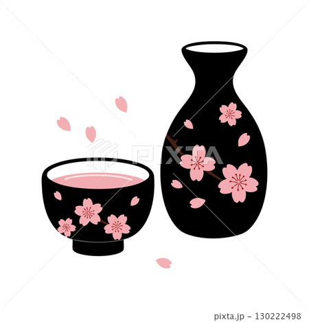 Japanese sake cup and bottle with pink cherry blossom floral design vector illustration Japanese sake cup and bottle with pink cherry blossom floral design vector illustration 130222498