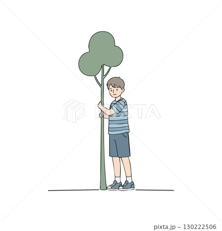 Boy hugging small tree illustration in simple nature environment vector art Boy hugging small tree illustration in simple nature environment vector art 130222506