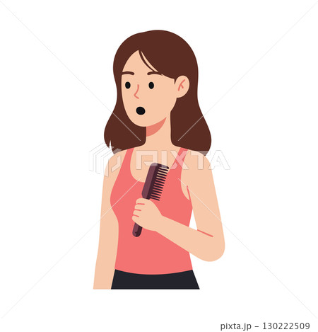 Young woman holding comb in surprised expression vector illustration with brown hair and pink top 130222509