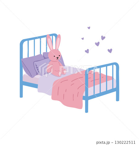 Childrens bedroom bed with pink bunny stuffed animal and purple hearts vector illustration Childrens bedroom bed with pink bunny stuffed animal and purple hearts vector illustration 130222511
