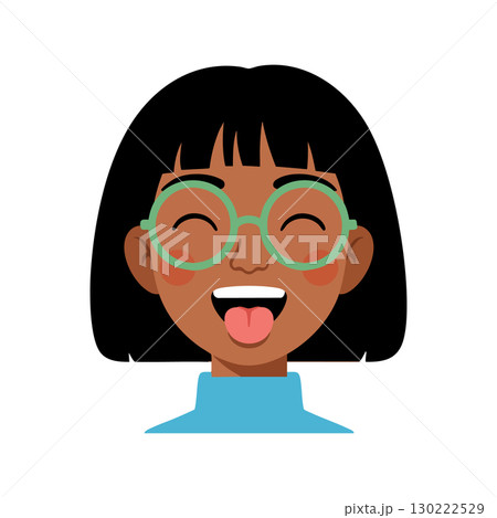 Happy girl with black hair and green glasses sticking out tongue vector illustration cheerful expression 130222529
