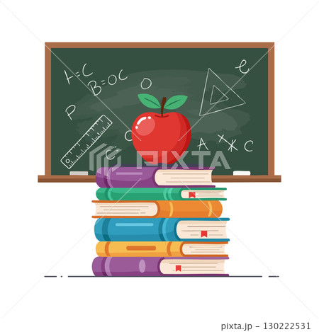 Stack of colorful books with red apple on top and chalkboard with science symbols vector illustration Stack of colorful books with red apple on top and chalkboard with science symbols vector illustration 130222531