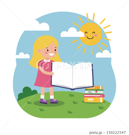 Little girl holding large open book on green grass with smiling sun and clouds vector illustration Little girl holding large open book on green grass with smiling sun and clouds vector illustration 130222547