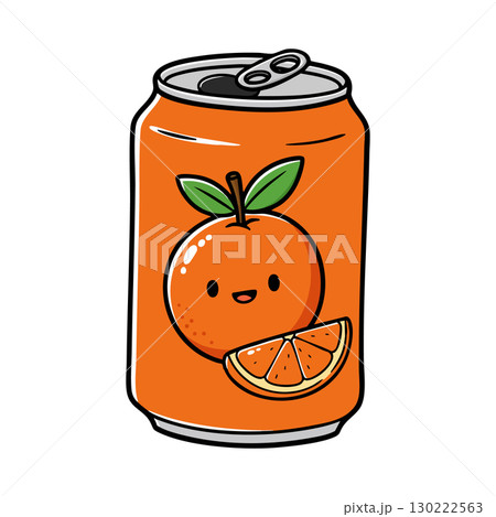 Orange soda can with cute orange fruit illustration and slice vector graphic design 130222563