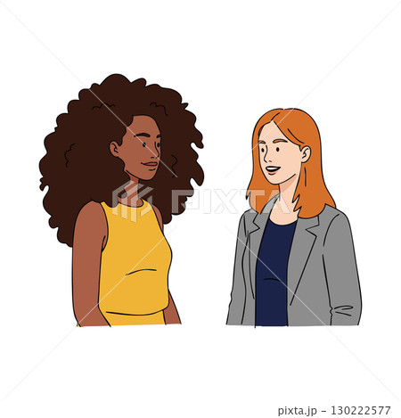 Two women casual conversation vector illustration with diverse hair styles and clothing 130222577