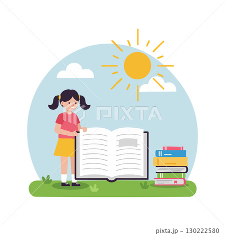 Girl reading book under sun with stack of books on grass in blue sky background vector illustration Girl reading book under sun with stack of books on grass in blue sky background vector illustration 130222580