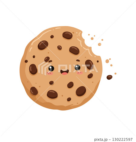 Chocolate Chip Cookie with Bite and Cute Smiling Face Cartoon Illustration Chocolate Chip Cookie with Bite and Cute Smiling Face Cartoon Illustration 130222597