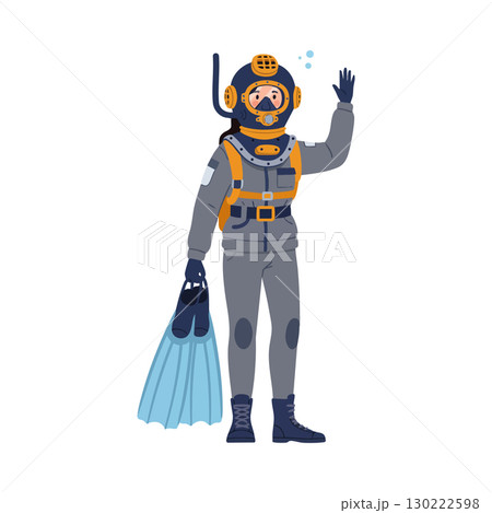 Diver in Vintage Deep Sea Diving Suit Holding Flippers and Waving Hand Vector Illustration Diver in Vintage Deep Sea Diving Suit Holding Flippers and Waving Hand Vector Illustration 130222598