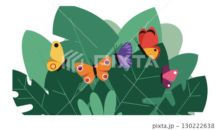 Colorful butterflies resting on green leaves nature vector illustration Colorful butterflies resting on green leaves nature vector illustration 130222638