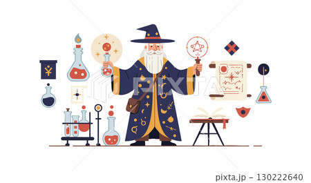 Wizard character with magical potions and alchemy laboratory vector illustration 130222640