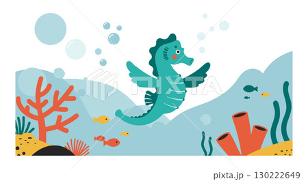 Seahorse swimming among coral and small fish in underwater ocean scene vector illustration Seahorse swimming among coral and small fish in underwater ocean scene vector illustration 130222649