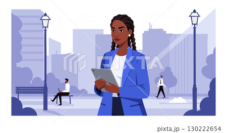 Businesswoman Using Tablet in Urban Cityscape with People Walking and Sitting Businesswoman Using Tablet in Urban Cityscape with People Walking and Sitting 130222654