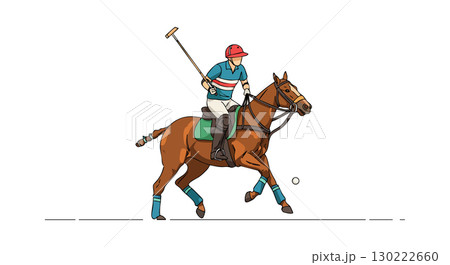 Polo player riding brown horse with blue gear and red helmet playing sport vector illustration Polo player riding brown horse with blue gear and red helmet playing sport vector illustration 130222660