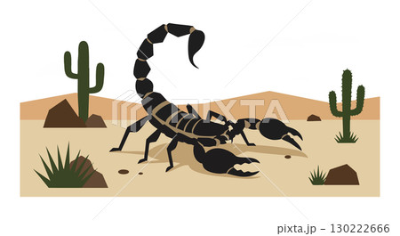 Scorpion desert wildlife with cacti and rocks vector illustration in arid landscape 130222666