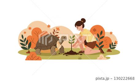 Girl planting small tree with tortoise in autumn garden vector illustration Girl planting small tree with tortoise in autumn garden vector illustration 130222668