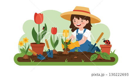 Girl planting tulips and daffodils in garden with gardening tools vector illustration 130222693