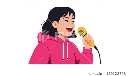 Young woman singing into a microphone with joyful expression vector illustration 130222708