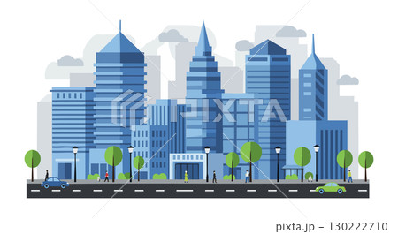 Modern cityscape with blue skyscrapers and green trees in urban environment vector illustration Modern cityscape with blue skyscrapers and green trees in urban environment vector illustration 130222710