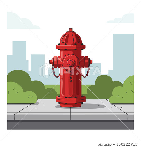 Red Fire Hydrant on Urban Sidewalk with Cityscape Background Vector Illustration 130222715