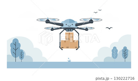 Delivery drone carrying package over landscape with birds and trees vector illustration 130222716