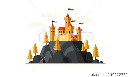 Castle on Rocky Hill with Autumn Trees and Flags in Flat Vector Style Castle on Rocky Hill with Autumn Trees and Flags in Flat Vector Style 130222722
