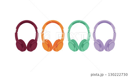 Colorful headphones set vector illustration in four different color tones burgundy orange green and purple Colorful headphones set vector illustration in four different color tones burgundy orange green and purple 130222730
