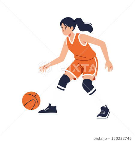 Female basketball player dribbling orange ball in sportswear vector illustration 130222743