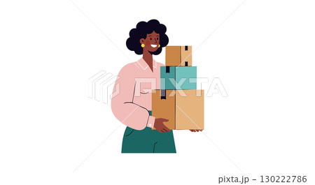 Woman carrying stacked cardboard boxes delivery or moving concept vector illustration Woman carrying stacked cardboard boxes delivery or moving concept vector illustration 130222786