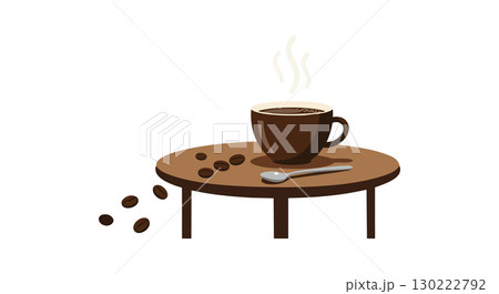 Coffee cup with spoon and scattered coffee beans on round table vector illustration brown tones 130222792