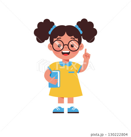 Little girl student with ponytails holding book and pointing finger vector illustration 130222804