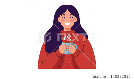 Woman enjoying hot beverage in red sweater smiling happily vector illustration 130222853