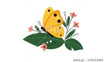 Yellow butterfly resting on green leaves with pink flowers vector illustration Yellow butterfly resting on green leaves with pink flowers vector illustration 130222862