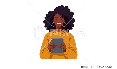 Woman with curly hair using tablet in orange sweater digital technology vector illustration Woman with curly hair using tablet in orange sweater digital technology vector illustration 130222881