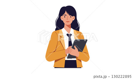 Businesswoman holding tablet in mustard blazer and black tie vector illustration 130222895