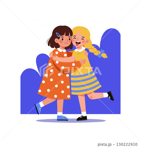 Two girls hugging wearing polka dot orange and striped yellow dresses vector illustration Two girls hugging wearing polka dot orange and striped yellow dresses vector illustration 130222910