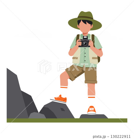 Young male tourist with camera hiking in nature wearing hat and vest outfit 130222911