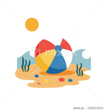 Colorful beach ball on sandy shore with sun and sea waves vector illustration 130222912