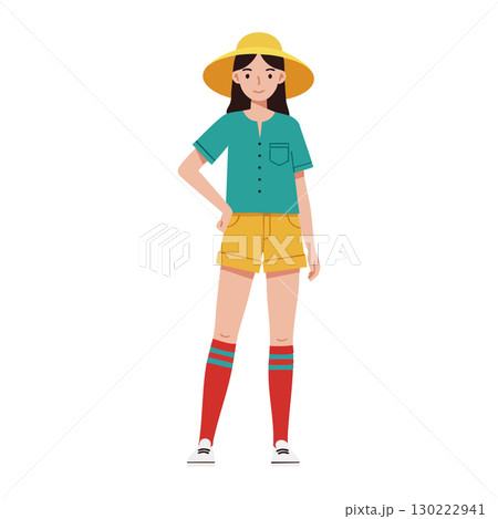 Young woman in yellow hat teal shirt and red socks casual summer style vector illustration 130222941