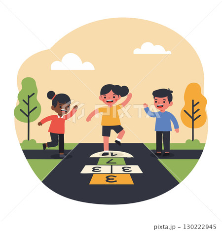 Children Playing Outdoor Hopscotch Game on Asphalt in Park with Trees and Clouds Vector Illustration 130222945
