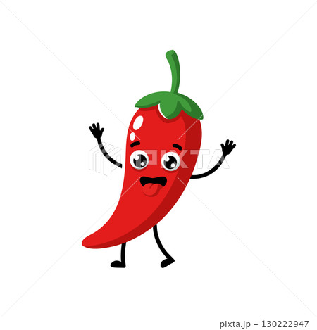 Red chili pepper cartoon character happy smiling vector illustration with green stem and playful pose Red chili pepper cartoon character happy smiling vector illustration with green stem and playful pose 130222947