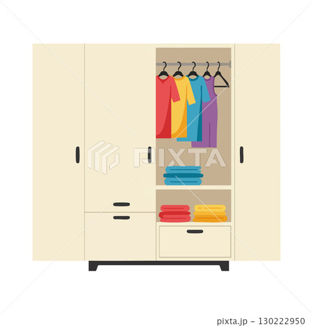 Wardrobe closet with colorful clothes hanging and folded towels storage vector illustration 130222950