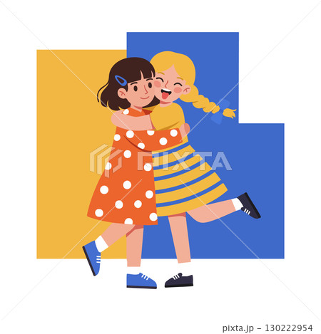 Two girls hugging joyfully in colorful dresses with blue and yellow background vector illustration Two girls hugging joyfully in colorful dresses with blue and yellow background vector illustration 130222954