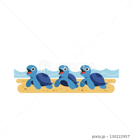 Three Blue Baby Turtles Walking on Beach Near Ocean Waves Vector Illustration 130222957