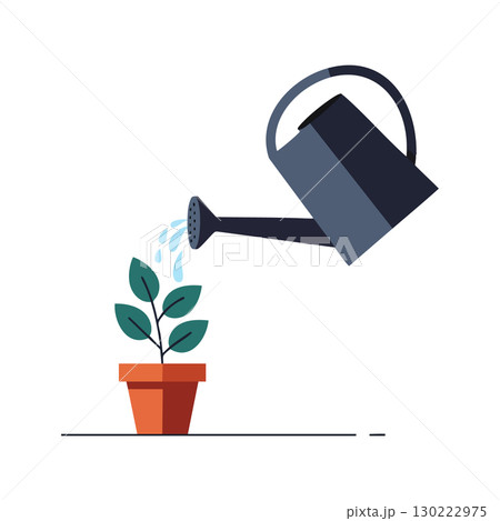 Watering young green plant in terracotta pot with dark watering can vector illustration 130222975