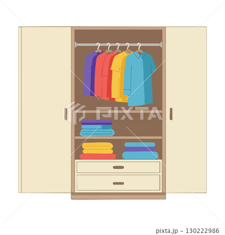 Wardrobe with colorful hanging shirts and folded clothes organized in closet space vector illustration 130222986