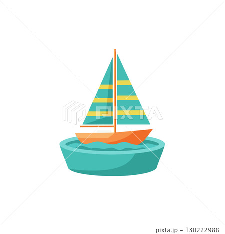 Toy sailboat with striped sails floating in small blue basin vector illustration 130222988