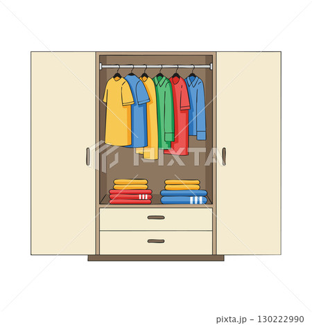 Wardrobe with colorful hanging shirts and folded clothes organized inside vector illustration 130222990