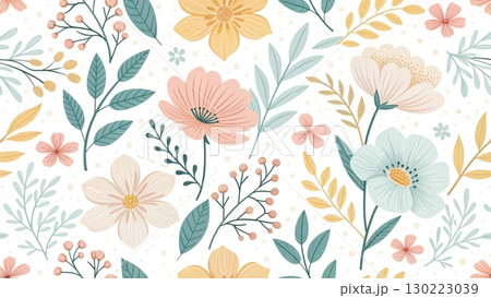 Pastel-toned flowers minimal soft lines digital art background 8K 130223039