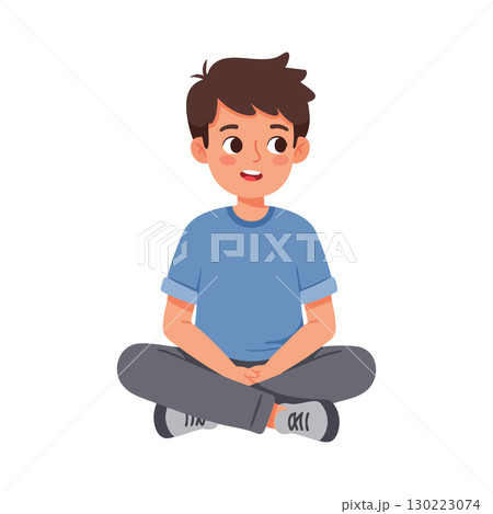 Boy Sitting Cross Legged Wearing Blue Shirt and Gray Pants Cartoon Character Vector Illustration 130223074